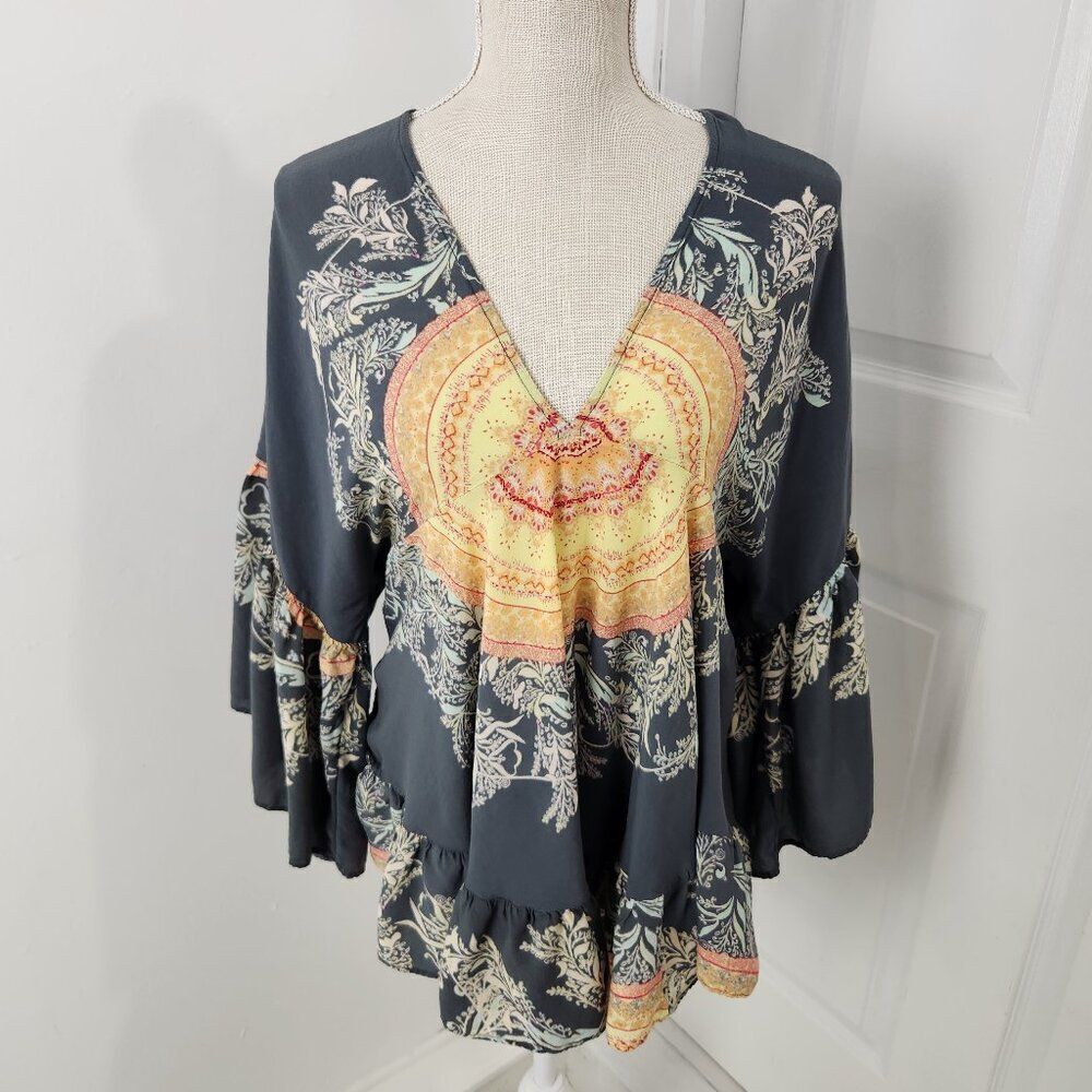 Free People Top Womens XS Gray Sunset Dreams Tunic Bell Sleeves Ruffle Boho